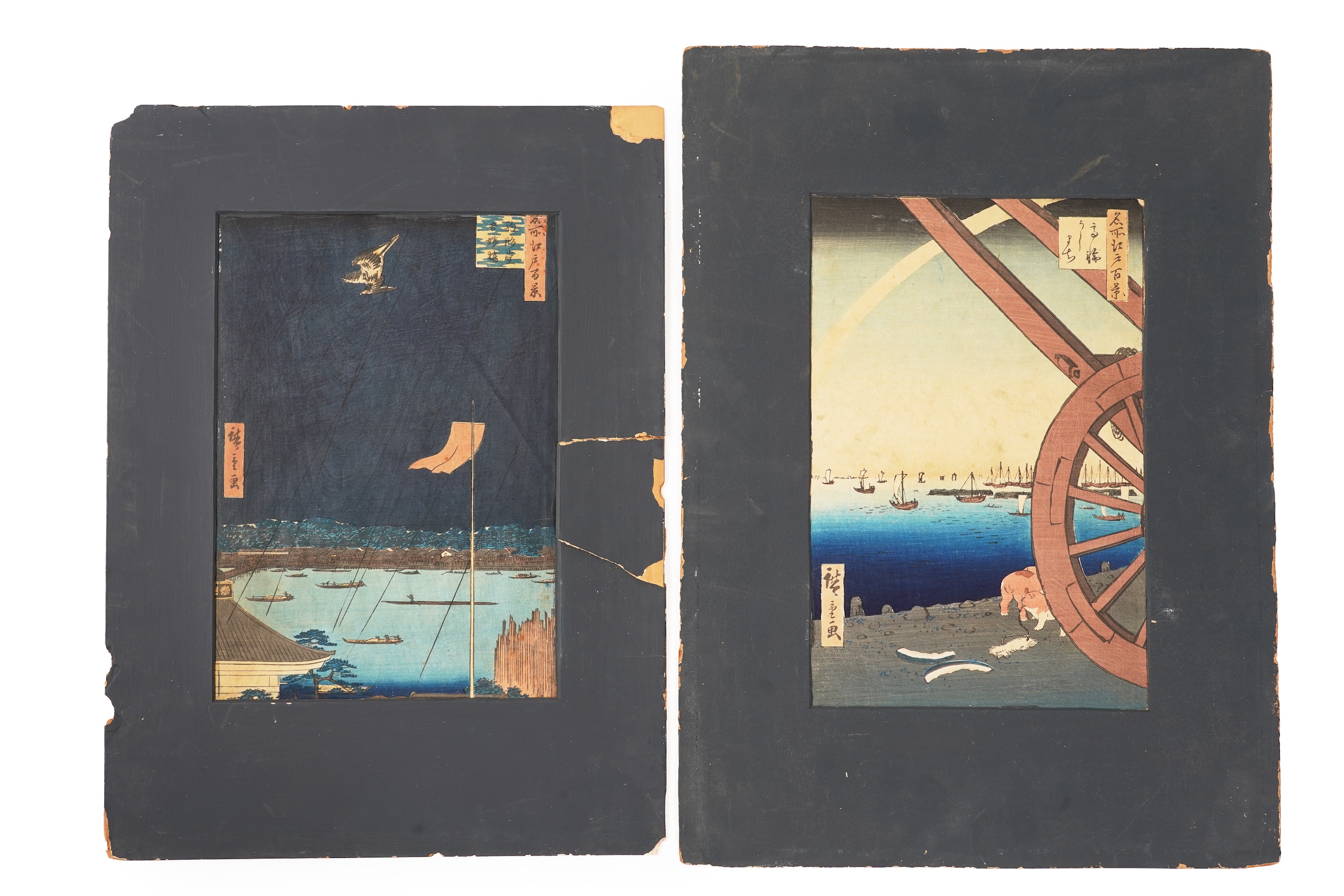 After Utagawa Hiroshige , Komagata Hall & Azumja Bridge and Ushimachi Takanawa, Two woodblock prints, 33.5cm x 22cm